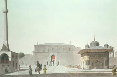 Constantinopel: Haghia Sophia Plein met de Fontein en de Keizerlijke Poort van het Oude Serail (Topkapi Paleis)